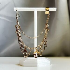 Gold Tone Chain of Crosses Single Earring with Ear Cuff
